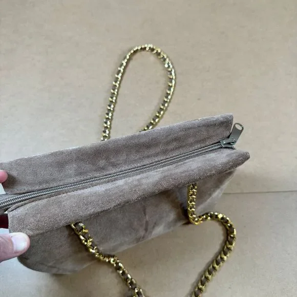 Taupe Suede Shoulder Bag with Gold Chain Strap Classic Purse - Picture 9 of 10